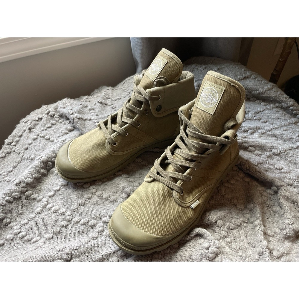 Palladium Canvas Foldover Combat Ankle Boots Safari Green Lug Sole Men's 10.5